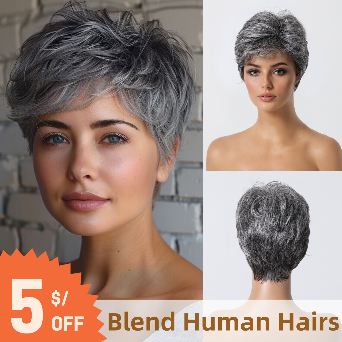 Short Pixie Cut Wig Human Hair Cheap - Perruque de cheveux humains gris coupe