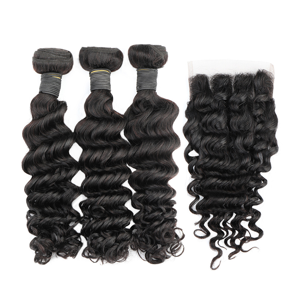 Deep Wave 3 Bundles With Closure - Mèches Brésiliennes Naturelles Vierges avec Closure,
