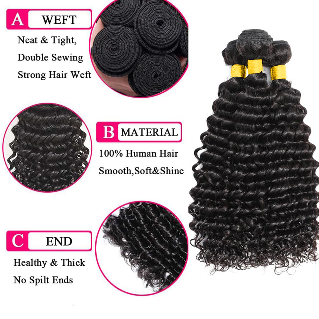 Extensions de cheveux humains  - Deep Wave 3 Bundles With Closure avis et prix